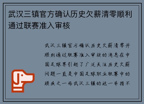 武汉三镇官方确认历史欠薪清零顺利通过联赛准入审核